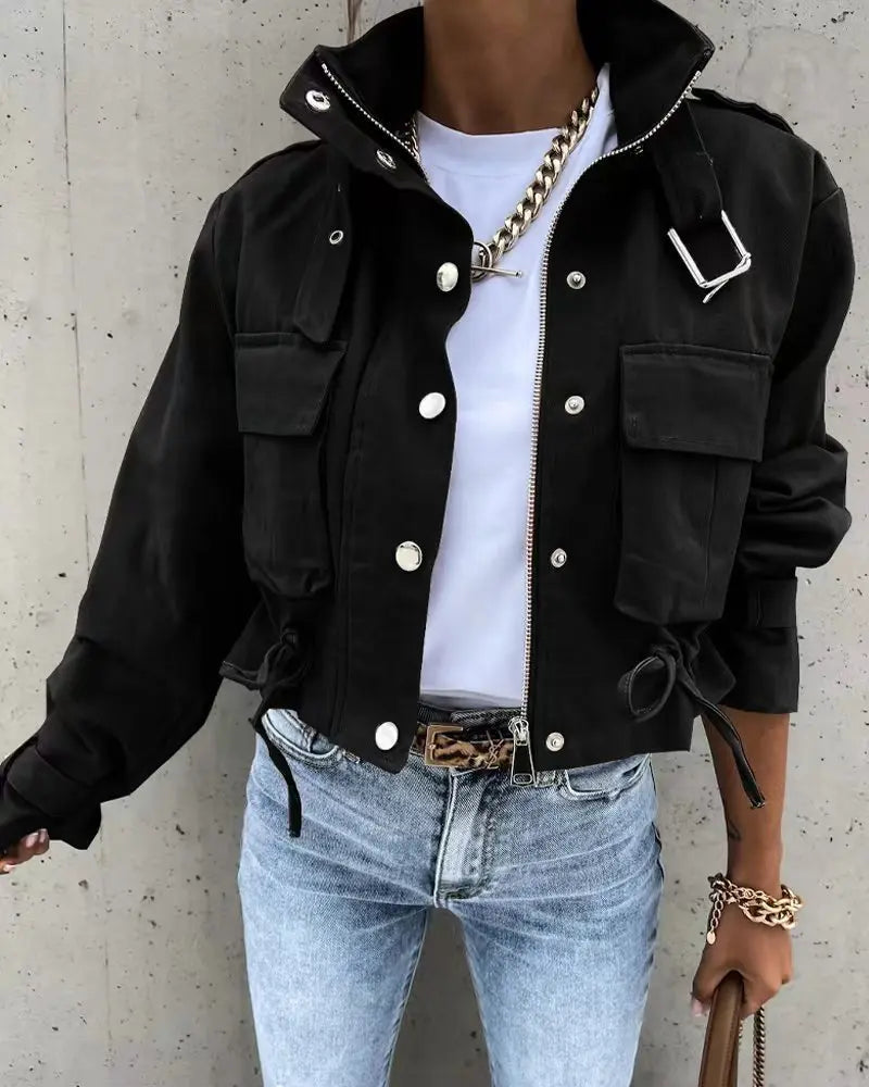 Giacche Cappotti da donna Cappotto con colletto alla coreana Stampa con cerniera Y2k Top Streetwear Capispalla casual Giacca da lavoro primaverile monopetto