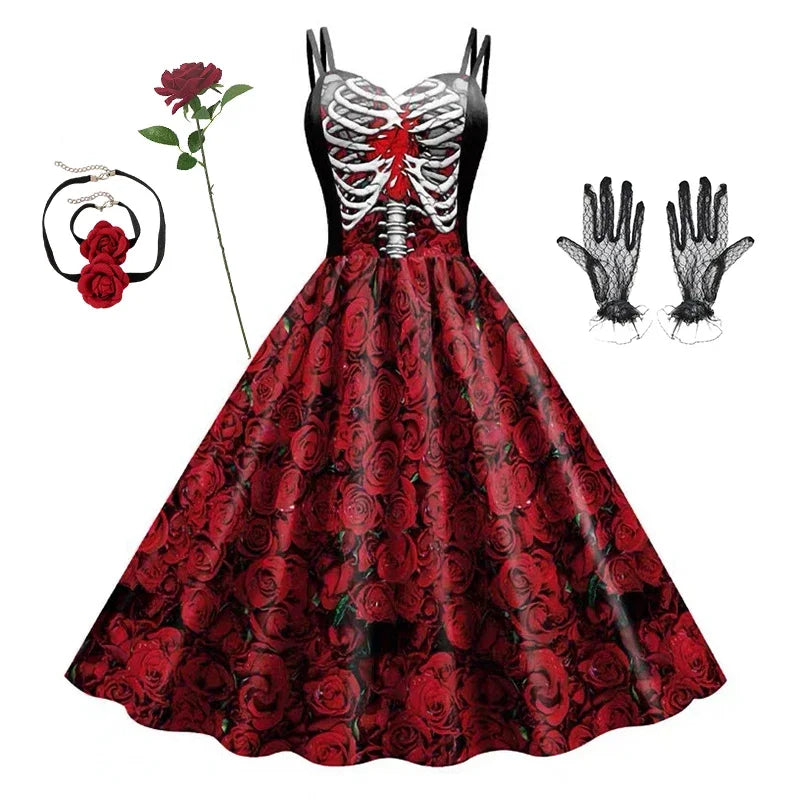 Nuovi costumi di Halloween per le donne Abito con stampa teschio Abito senza maniche Tunica Abiti da festa vintage Abiti gotici Vestido in maschera