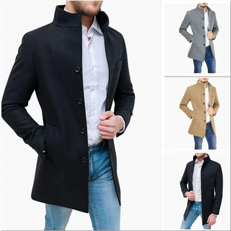 Giacche eleganti Uomo monopetto Janket da uomo in misto lana tinta unita Trench di media lunghezza Cappotto lungo da uomo
