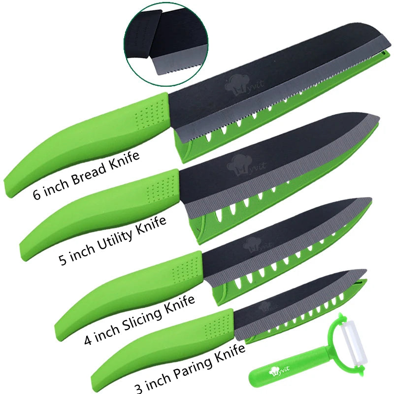 Set di coltelli in ceramica per unità da cucina 3 4 5 6 pollici Utilità per affettare frutta Pelapatate con guaina Lama in zirconia nera Coltello da chef per pane
