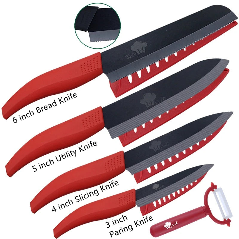 Set di coltelli in ceramica per unità da cucina 3 4 5 6 pollici Utilità per affettare frutta Pelapatate con guaina Lama in zirconia nera Coltello da chef per pane