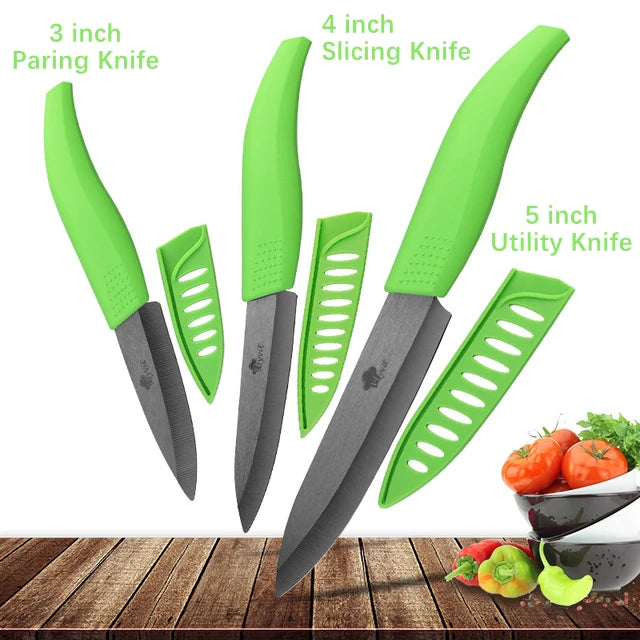 Set di coltelli in ceramica per unità da cucina 3 4 5 6 pollici Utilità per affettare frutta Pelapatate con guaina Lama in zirconia nera Coltello da chef per pane