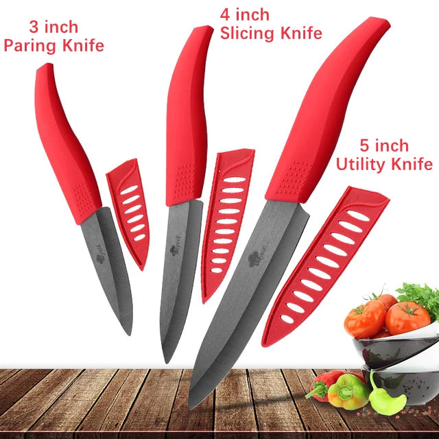 Set di coltelli in ceramica per unità da cucina 3 4 5 6 pollici Utilità per affettare frutta Pelapatate con guaina Lama in zirconia nera Coltello da chef per pane