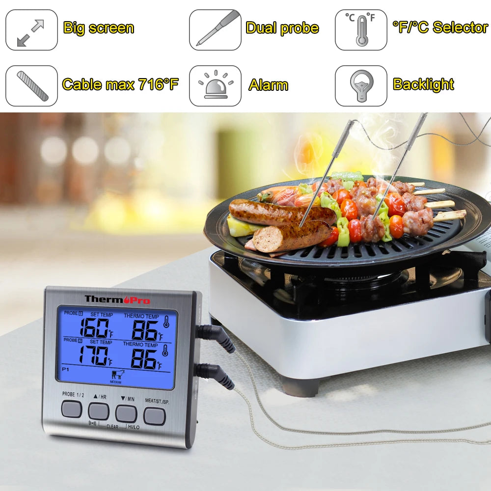ThermoPro TP17 Termometro digitale per carne da esterno a doppia sonda Termometro da forno per barbecue con grande schermo LCD per cucina