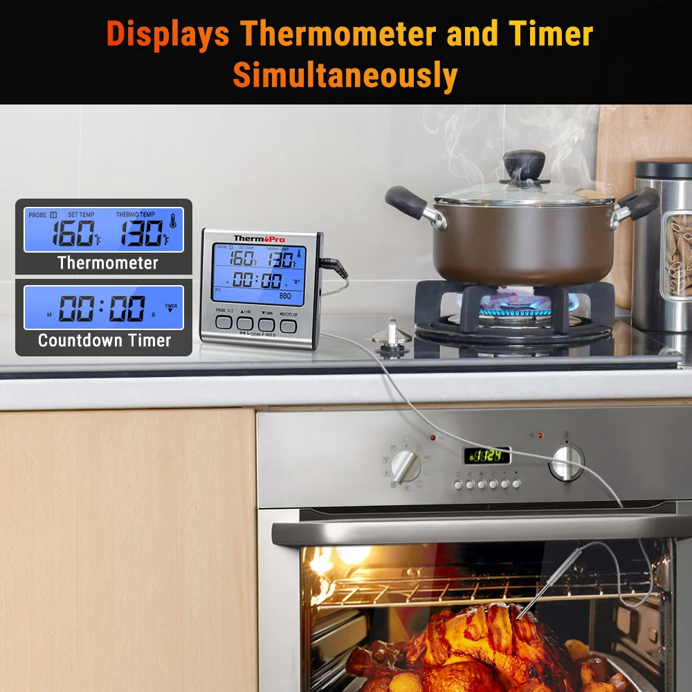 ThermoPro TP17 Termometro digitale per carne da esterno a doppia sonda Termometro da forno per barbecue con grande schermo LCD per cucina