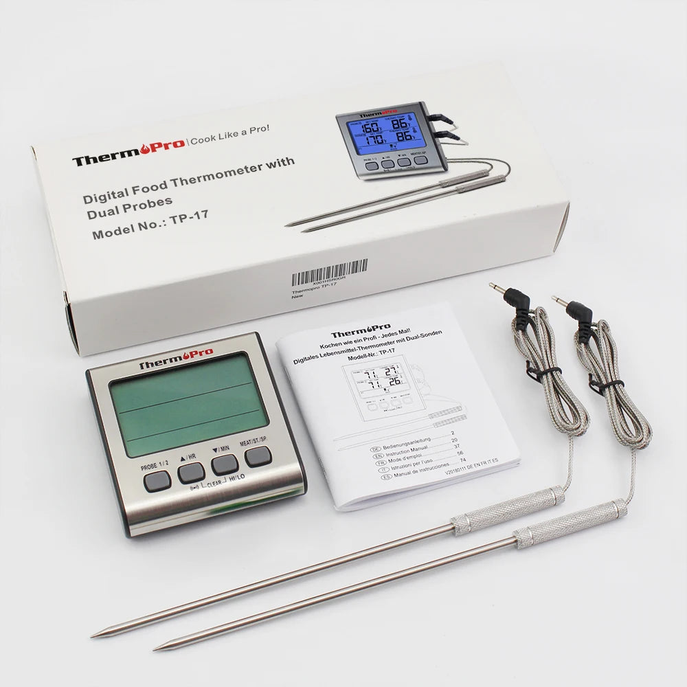 ThermoPro TP17 Termometro digitale per carne da esterno a doppia sonda Termometro da forno per barbecue con grande schermo LCD per cucina