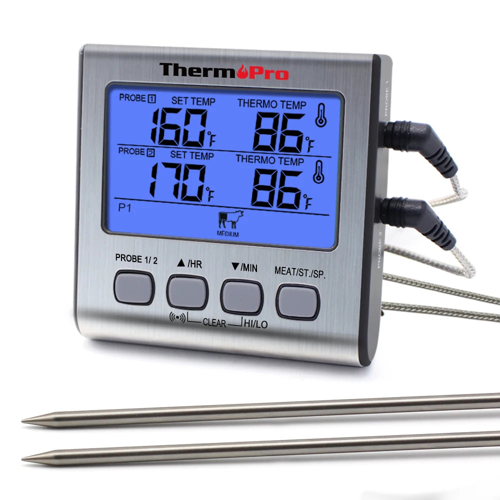 ThermoPro TP17 Termometro digitale per carne da esterno a doppia sonda Termometro da forno per barbecue con grande schermo LCD per cucina