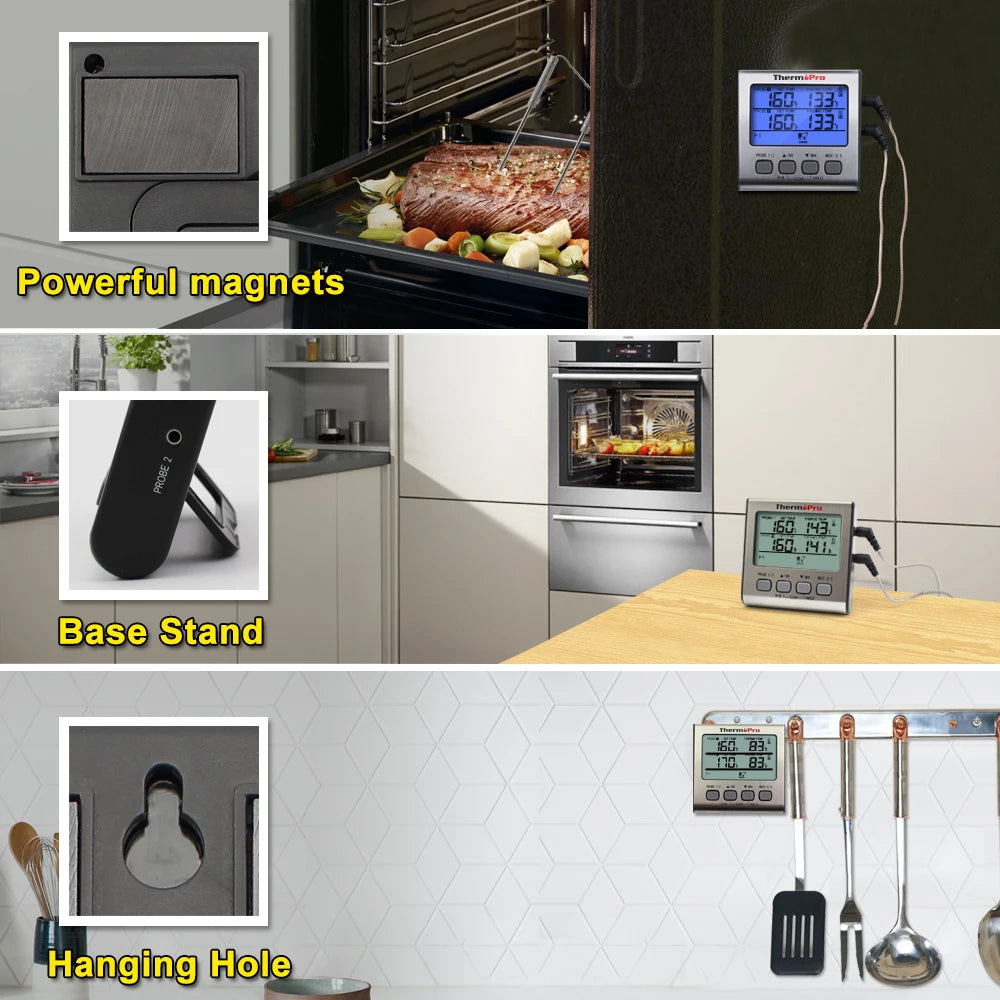 ThermoPro TP17 Termometro digitale per carne da esterno a doppia sonda Termometro da forno per barbecue con grande schermo LCD per cucina