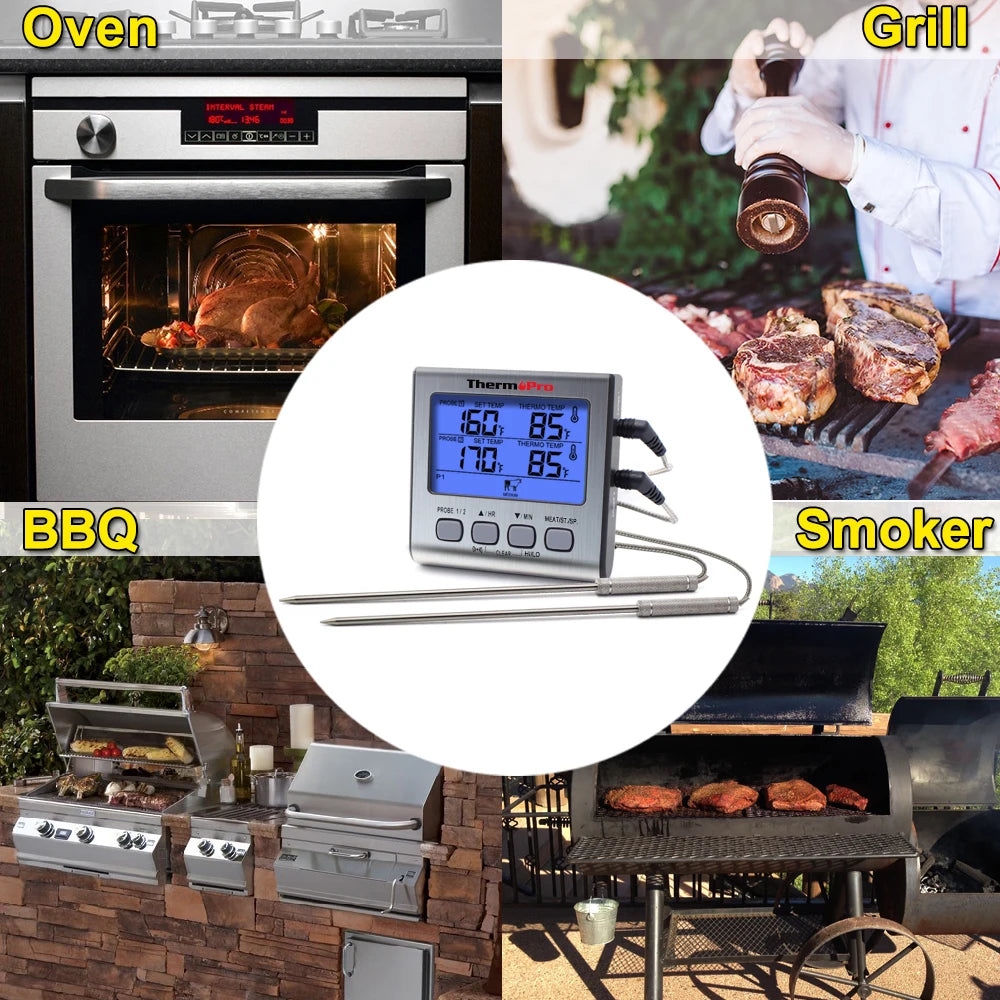 ThermoPro TP17 Termometro digitale per carne da esterno a doppia sonda Termometro da forno per barbecue con grande schermo LCD per cucina