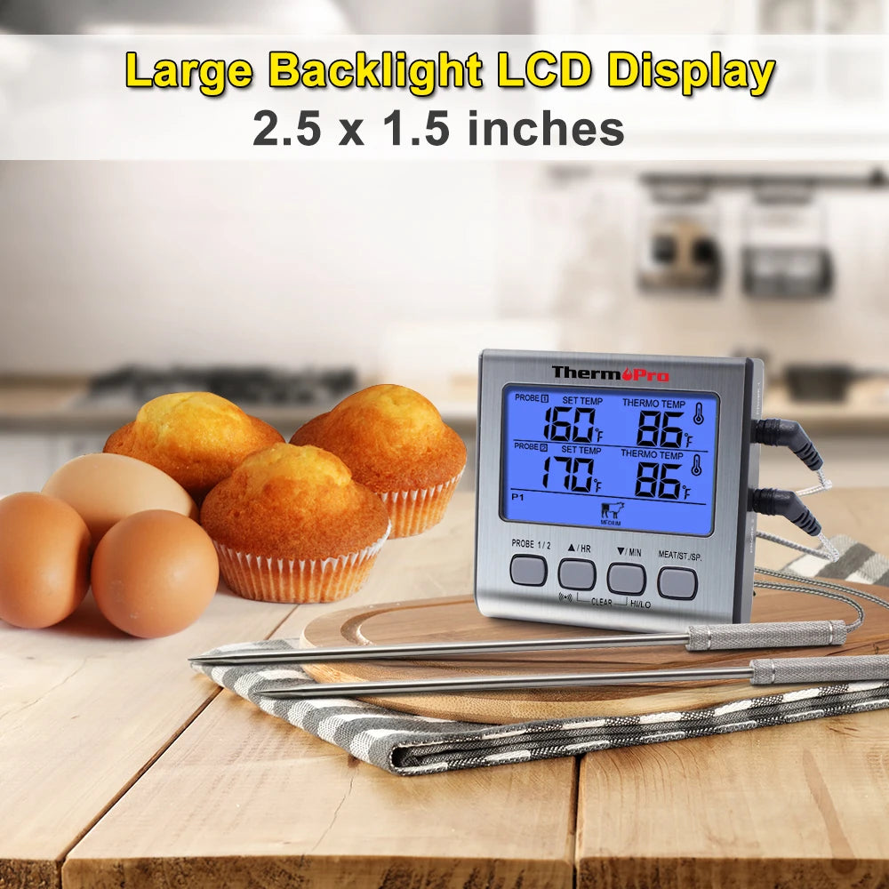 ThermoPro TP17 Termometro digitale per carne da esterno a doppia sonda Termometro da forno per barbecue con grande schermo LCD per cucina