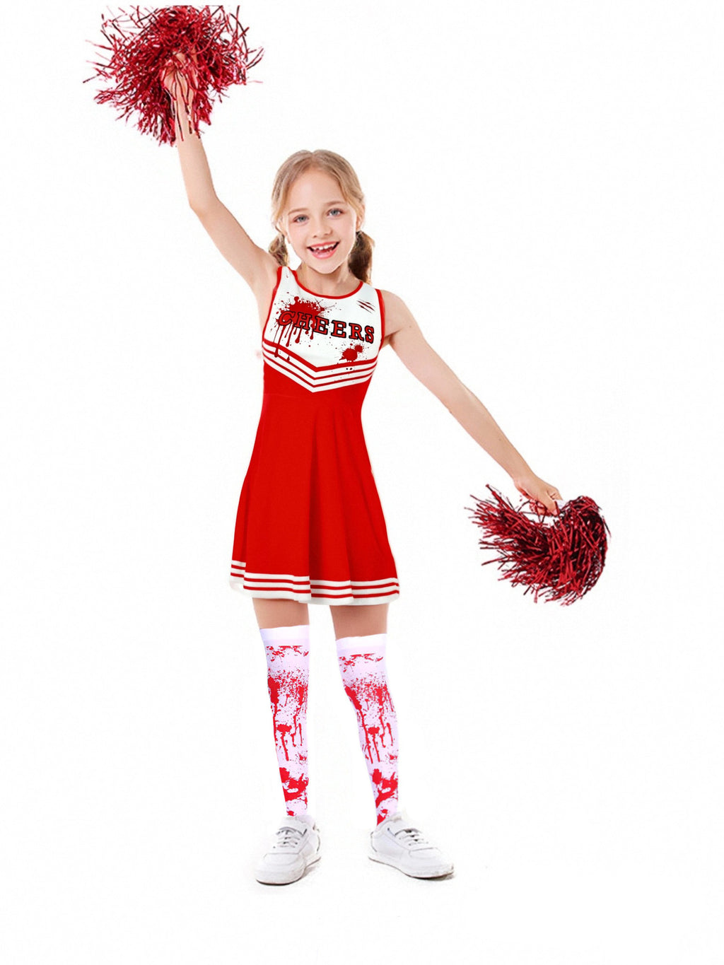 Costumi per feste di Halloween Abbigliamento cosplay sangue spaventoso Bambini Ragazze Stampa digitale Cheerleader Abito per bambini Abito con fiori a mano