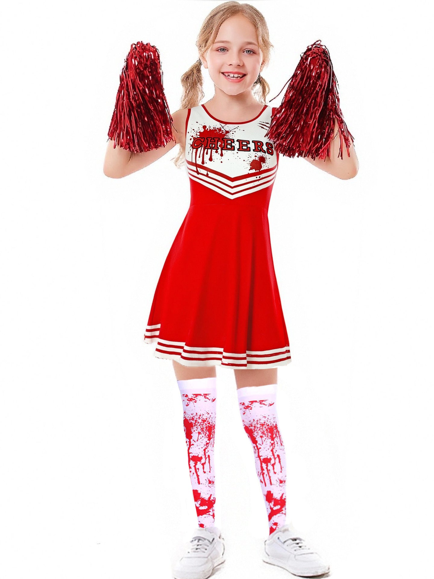 Costumi per feste di Halloween Abbigliamento cosplay sangue spaventoso Bambini Ragazze Stampa digitale Cheerleader Abito per bambini Abito con fiori a mano