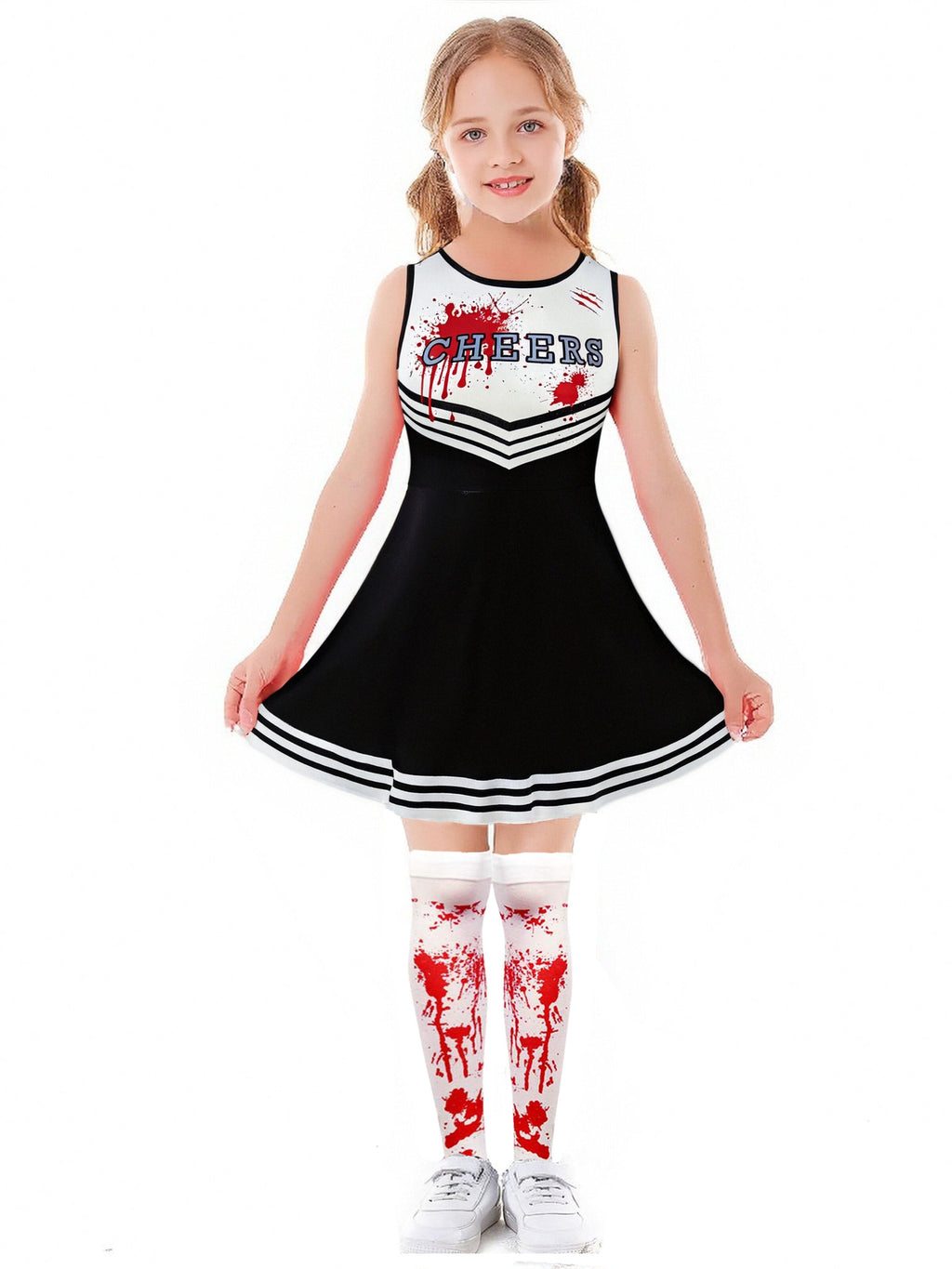 Costumi per feste di Halloween Abbigliamento cosplay sangue spaventoso Bambini Ragazze Stampa digitale Cheerleader Abito per bambini Abito con fiori a mano