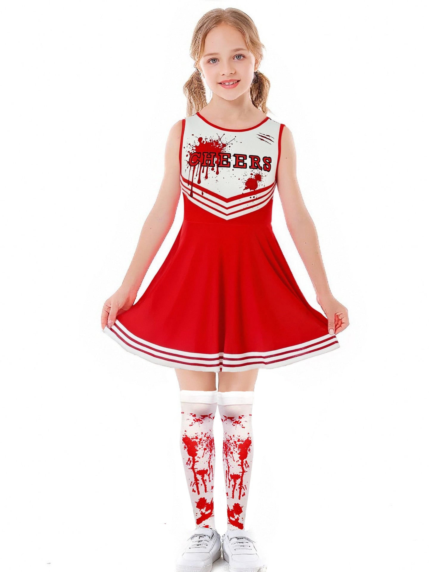 Costumi per feste di Halloween Abbigliamento cosplay sangue spaventoso Bambini Ragazze Stampa digitale Cheerleader Abito per bambini Abito con fiori a mano