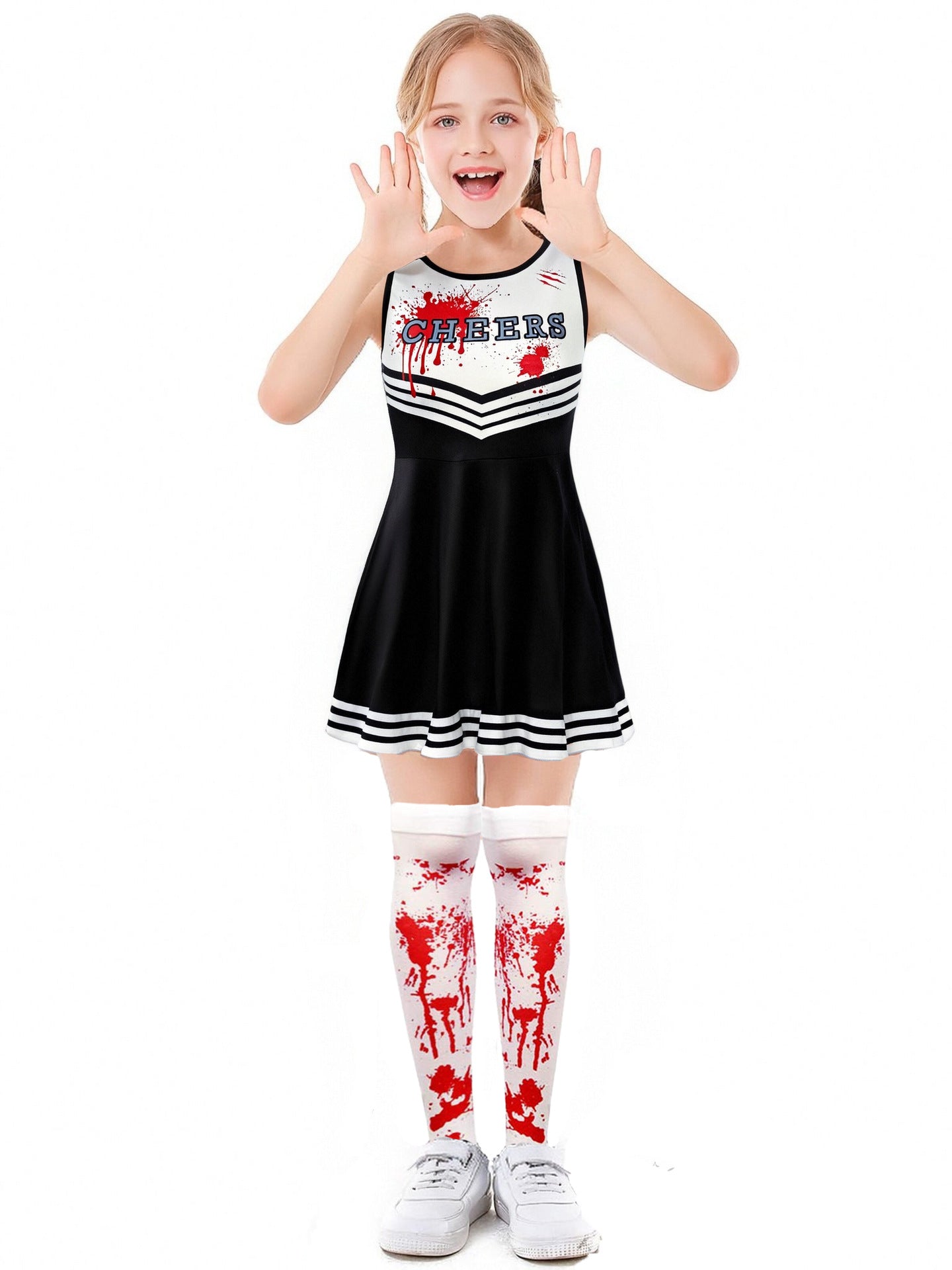 Costumi per feste di Halloween Abbigliamento cosplay sangue spaventoso Bambini Ragazze Stampa digitale Cheerleader Abito per bambini Abito con fiori a mano