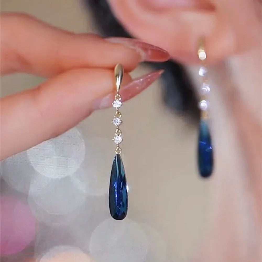 Orecchini pendenti in cristallo blu lucido alla moda per le donne moda semplice ciondolo a goccia d'acqua orecchino ragazza festa gioielli da sposa regali