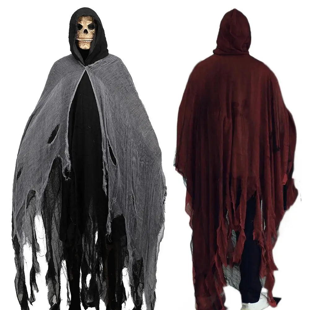 Costumi di Halloween per adulti, mantello da fantasma spaventoso con cappuccio, vestito cosplay da mantello da strega zombie Grim Reaper per la parte di Halloween