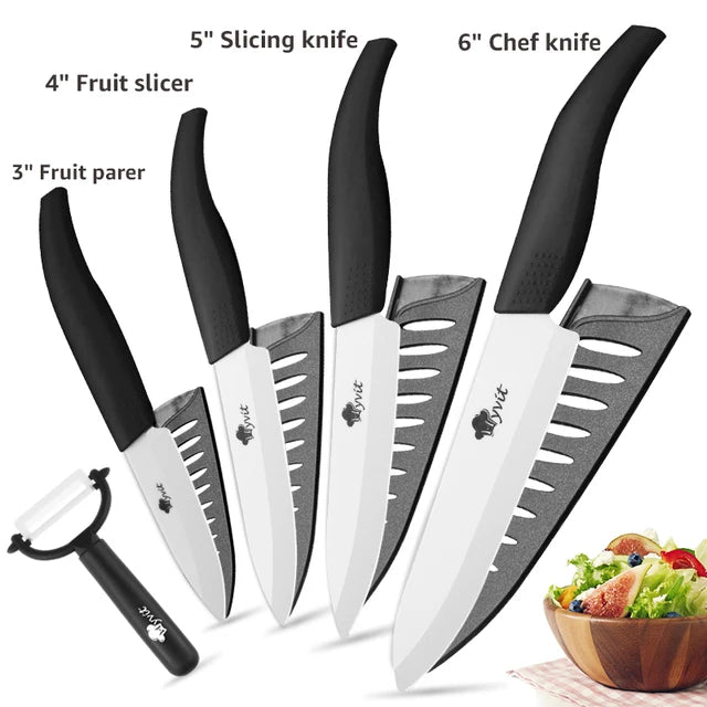Set di coltelli in ceramica per unità da cucina 3 4 5 6 pollici Utilità per affettare frutta Pelapatate con guaina Lama in zirconia nera Coltello da chef per pane