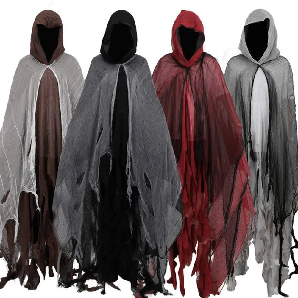 Costumi di Halloween per adulti, mantello da fantasma spaventoso con cappuccio, vestito cosplay da mantello da strega zombie Grim Reaper per la parte di Halloween