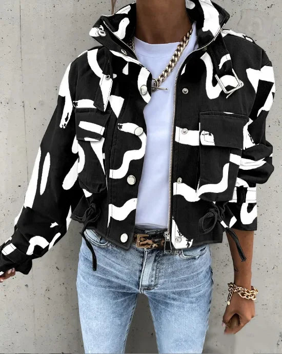 Giacche Cappotti da donna Cappotto con colletto alla coreana Stampa con cerniera Y2k Top Streetwear Capispalla casual Giacca da lavoro primaverile monopetto