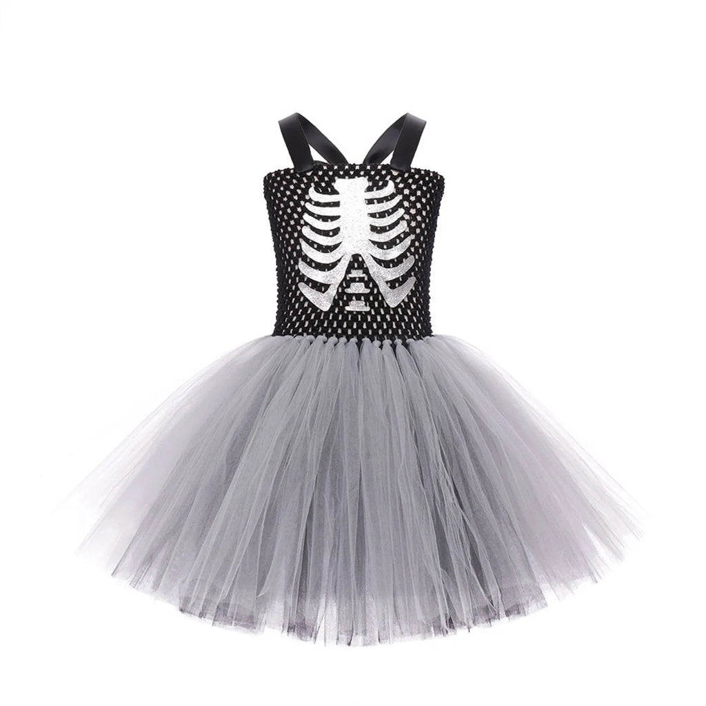 Costumi da terrore di Halloween per ragazze Abiti spaventosi da fantasma bianco nero Vestito da tutù fantasia scheletro di Halloween per bambini
