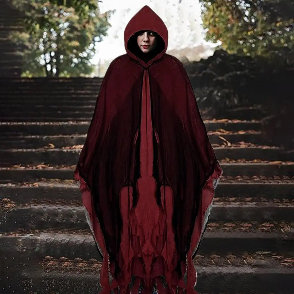 Costumi di Halloween per adulti, mantello da fantasma spaventoso con cappuccio, vestito cosplay da mantello da strega zombie Grim Reaper per la parte di Halloween