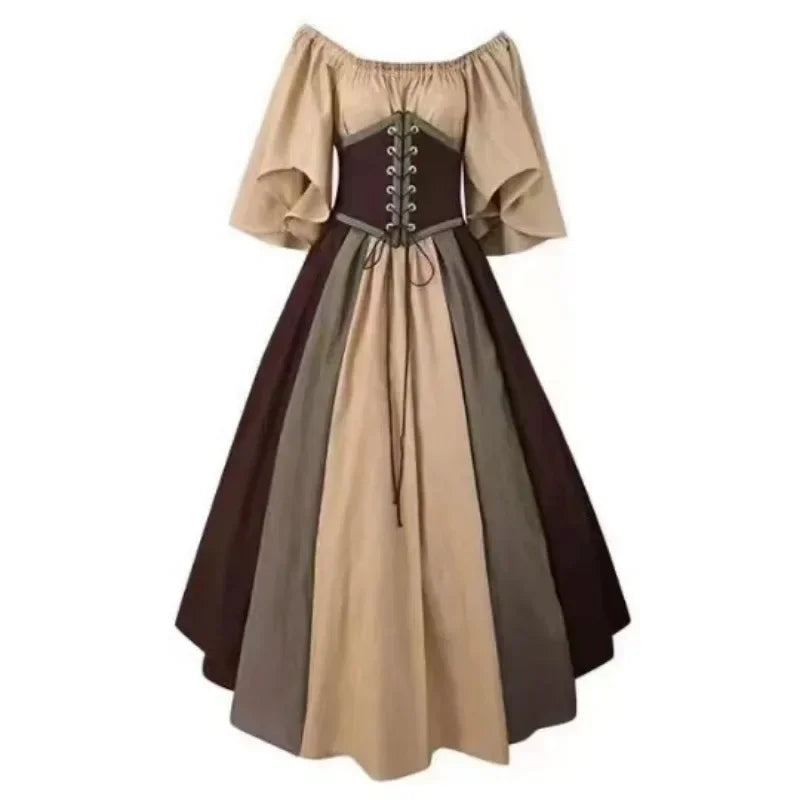 Costumi di Halloween per donna Abito scampanato sottile con colori a contrasto retrò medievale Abito con spalla con una sola parola Love Live Cosplay