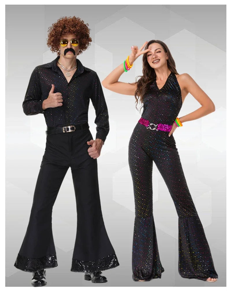 Costumi di coppia da discoteca di Halloween anni '70 Costumi cosplay Costumi hippie retrò anni '80 Uomini e donne Abiti da festa per festival di musica rock