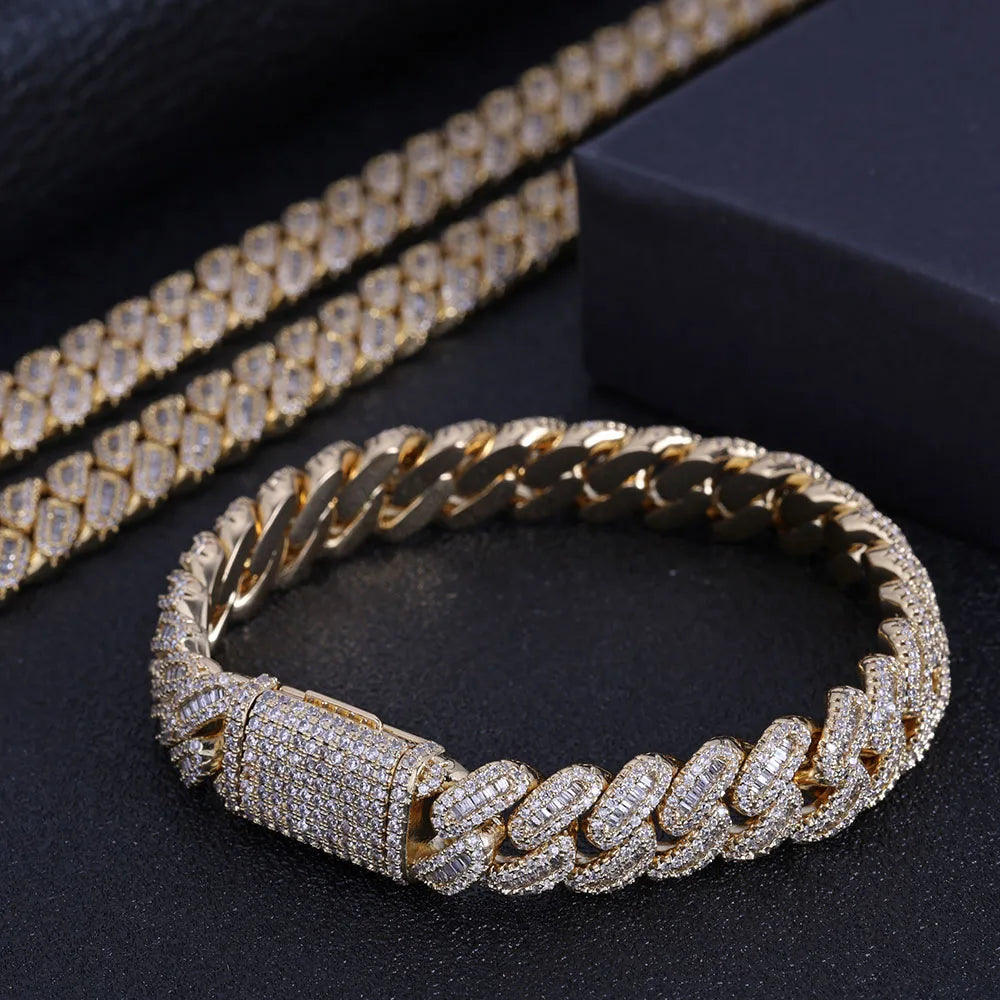 NUOYA Gioielli Hip Hop di Alta Qualità 12mm Bling Iced Cz Rettangolo Diamante Prong Impostazione Collana a Collegamento Cubano Homme