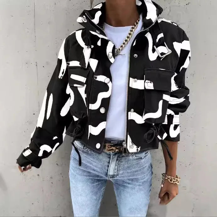 Giacche Cappotti da donna Cappotto con colletto alla coreana Stampa con cerniera Y2k Top Streetwear Capispalla casual Giacca da lavoro primaverile monopetto