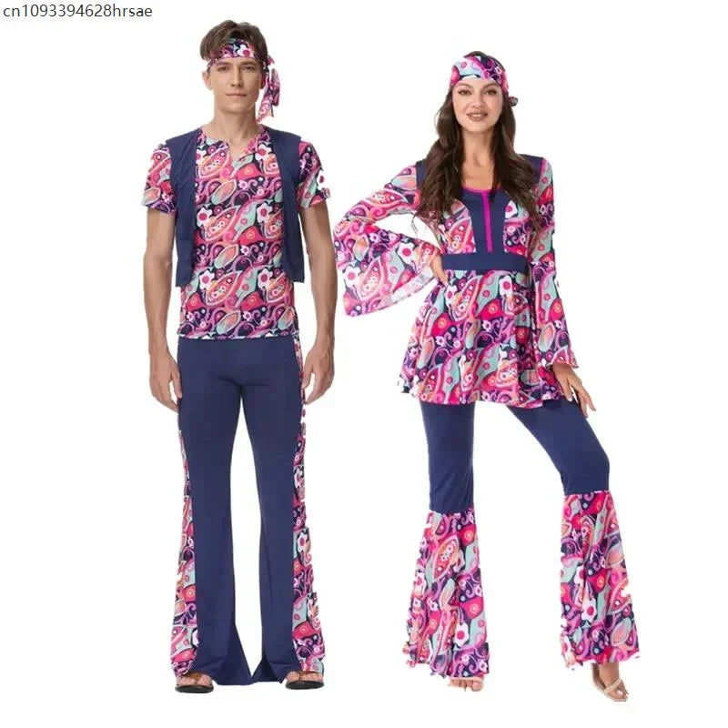 Costume di Halloween anni '70 anni '80 Retro Hippie Go Go Girl Disco Donna Uomo Coppia Viola Fancy Dress Party Amante della pace Hippie Performance