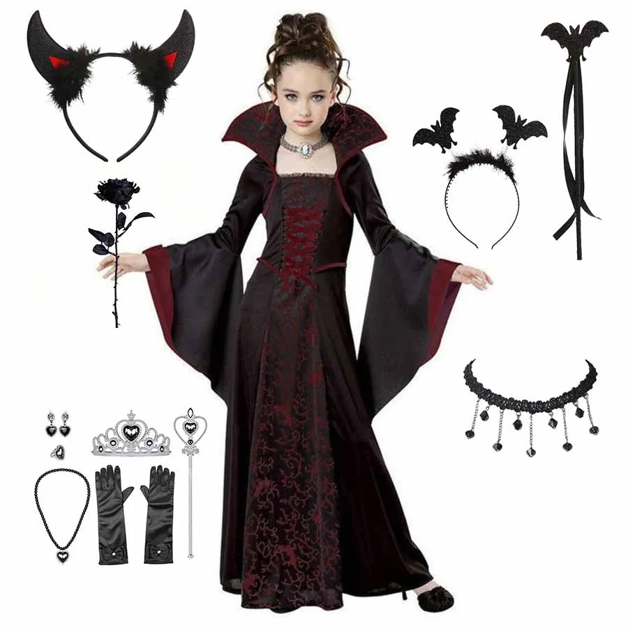Costume di Halloween per bambini Costume da vampiro fantasy di Halloween Vestito lungo da tutu per ragazze Vestito da carnevale per bambini Abiti di piume gotiche