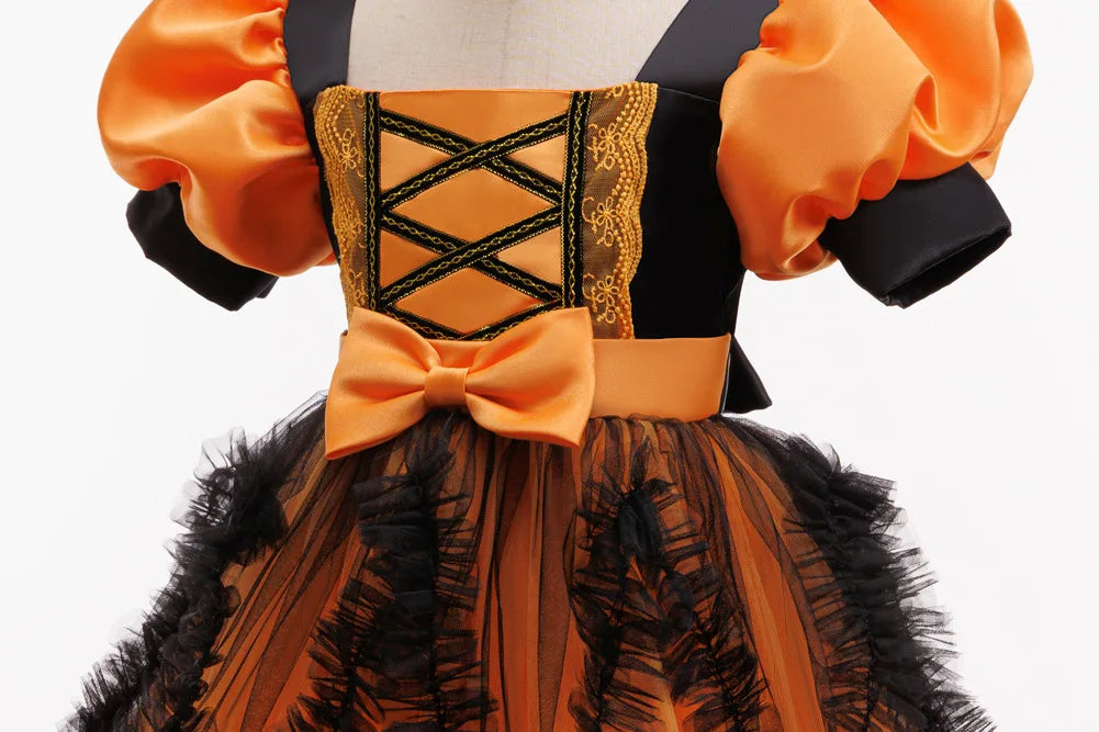 Costume di Halloween per ragazza, performance cosplay, vestito per bambini, vestito arancione + set completo di zucca di costumi per occasioni speciali