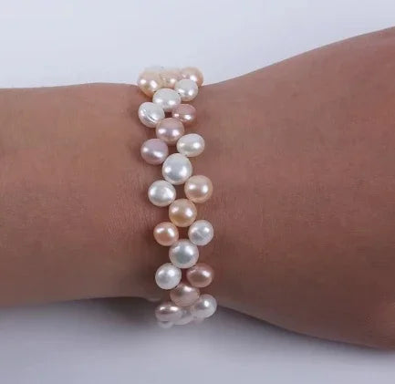 Bellissimi tre file 6-7-8mm bottone perle naturali coltivate perle d'acqua dolce collana braccialetto set regali set di gioielli di perle