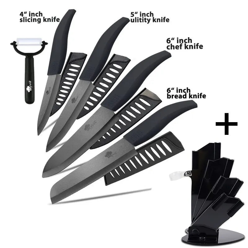Set di coltelli in ceramica per unità da cucina 3 4 5 6 pollici Utilità per affettare frutta Pelapatate con guaina Lama in zirconia nera Coltello da chef per pane