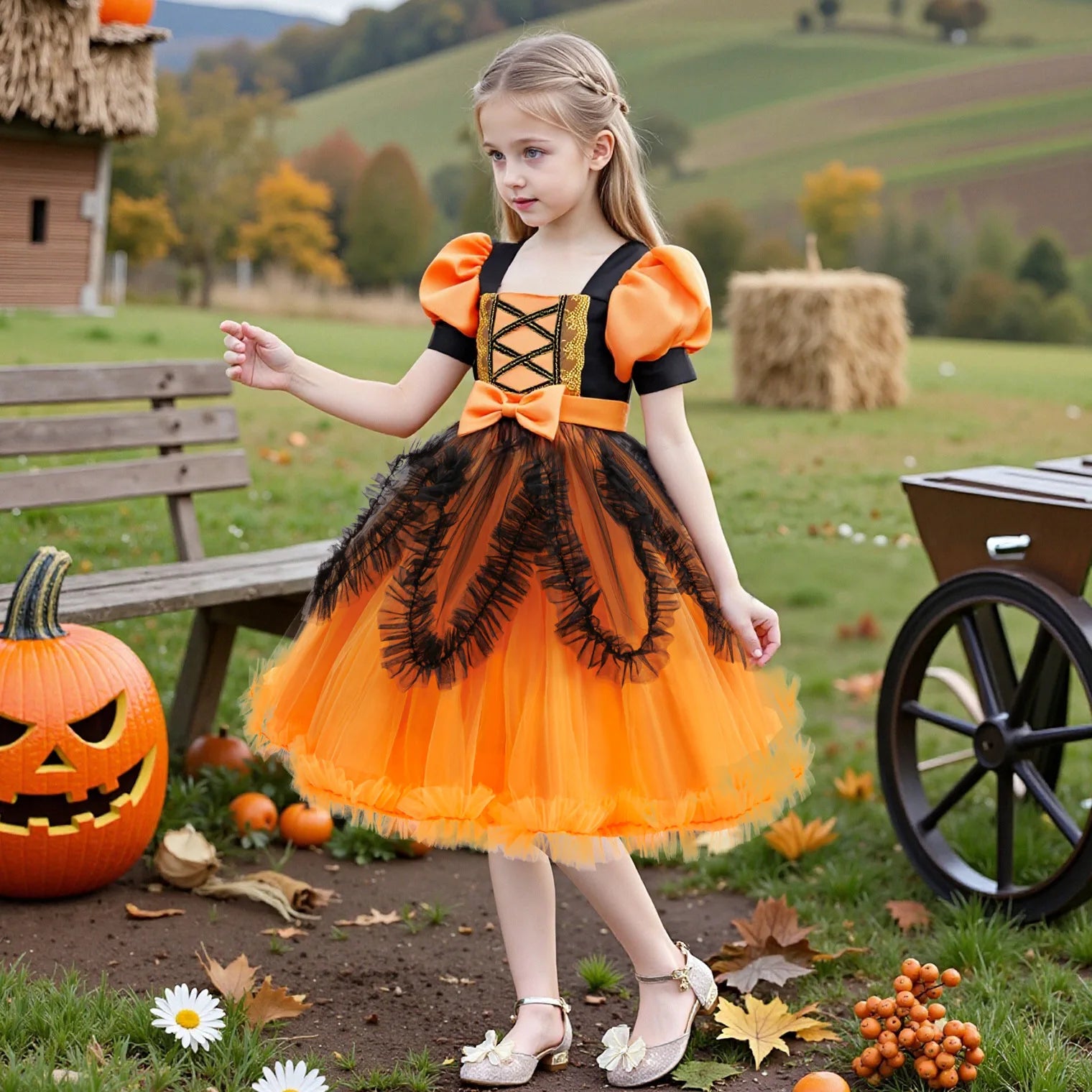 Costume di Halloween per ragazza, performance cosplay, vestito per bambini, vestito arancione + set completo di zucca di costumi per occasioni speciali