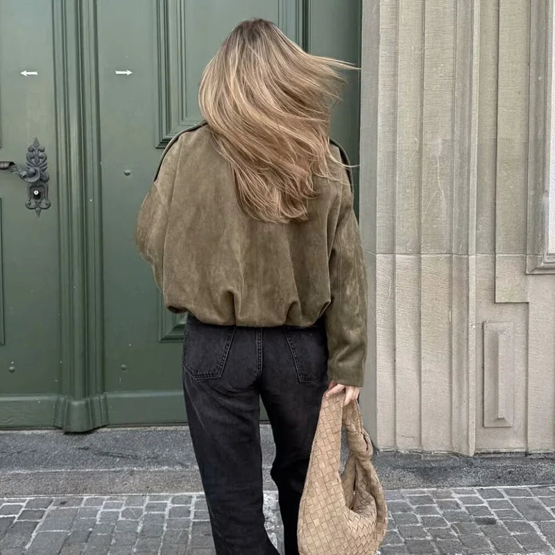 Bomber da donna Cappotti Moda Colletto rovesciato Manica lunga Cappotti larghi Capispalla femminile vintage Top chic