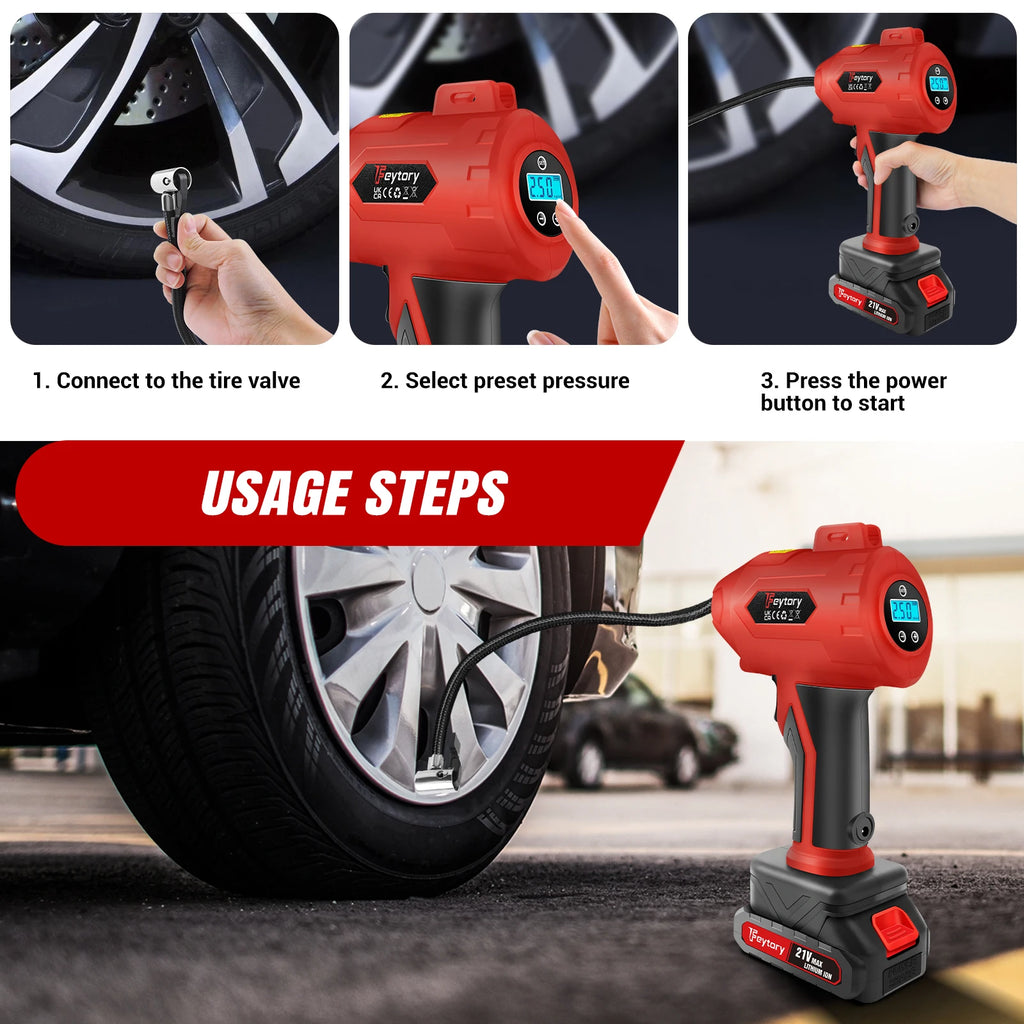 Gonfiatore per pneumatici senza fili Compressore d'aria Pompa per pneumatici per auto alimentata a batteria con manometro digitale e luce a LED per auto, moto, bici