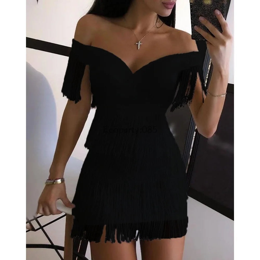 Abiti da sera da donna Sexy grande scollo a V gonna monospalla con frange abito da donna temperamento Slim manica corta abito da Club abiti