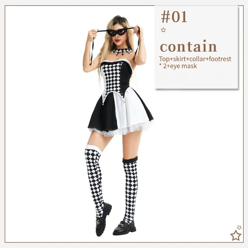 Costumi di Halloween Prestazioni del circo Pagliaccio Abiti da ragazza piccanti sexy per feste di carnevale di streghe a quadretti in bianco e nero