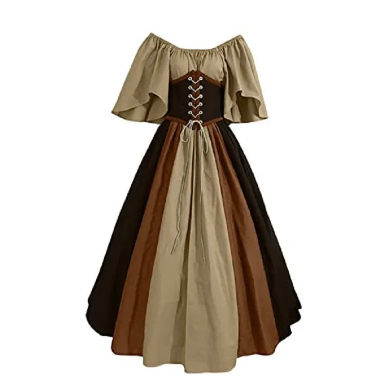 Costumi di Halloween per donna Abito scampanato sottile con colori a contrasto retrò medievale Abito con spalla con una sola parola Love Live Cosplay