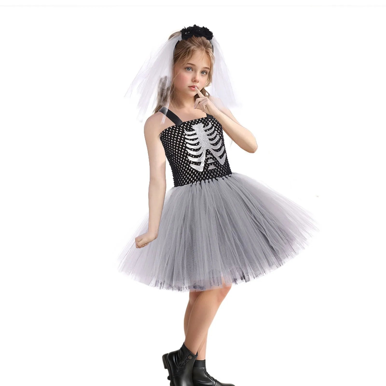 Costumi da terrore di Halloween per ragazze Abiti spaventosi da fantasma bianco nero Vestito da tutù fantasia scheletro di Halloween per bambini