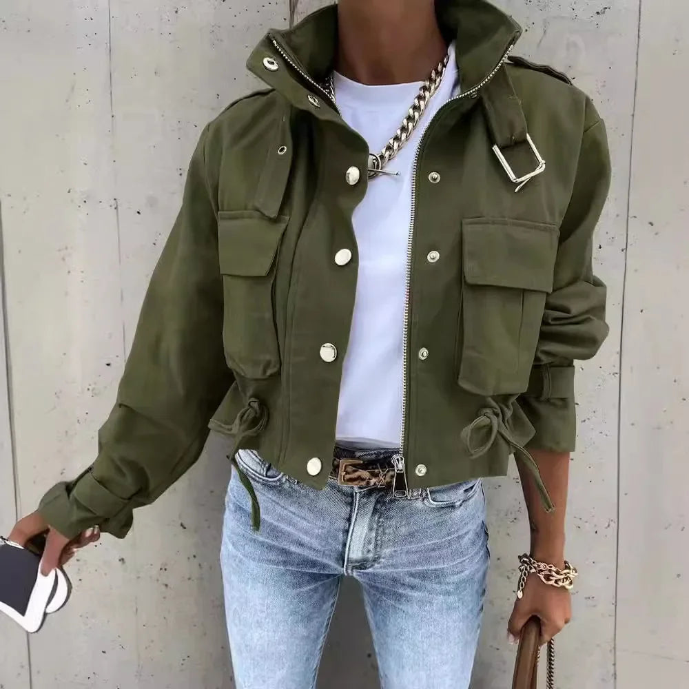 Giacche Cappotti da donna Cappotto con colletto alla coreana Stampa con cerniera Y2k Top Streetwear Capispalla casual Giacca da lavoro primaverile monopetto