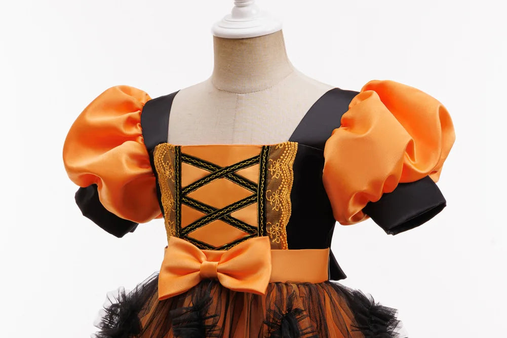 Costume di Halloween per ragazza, performance cosplay, vestito per bambini, vestito arancione + set completo di zucca di costumi per occasioni speciali
