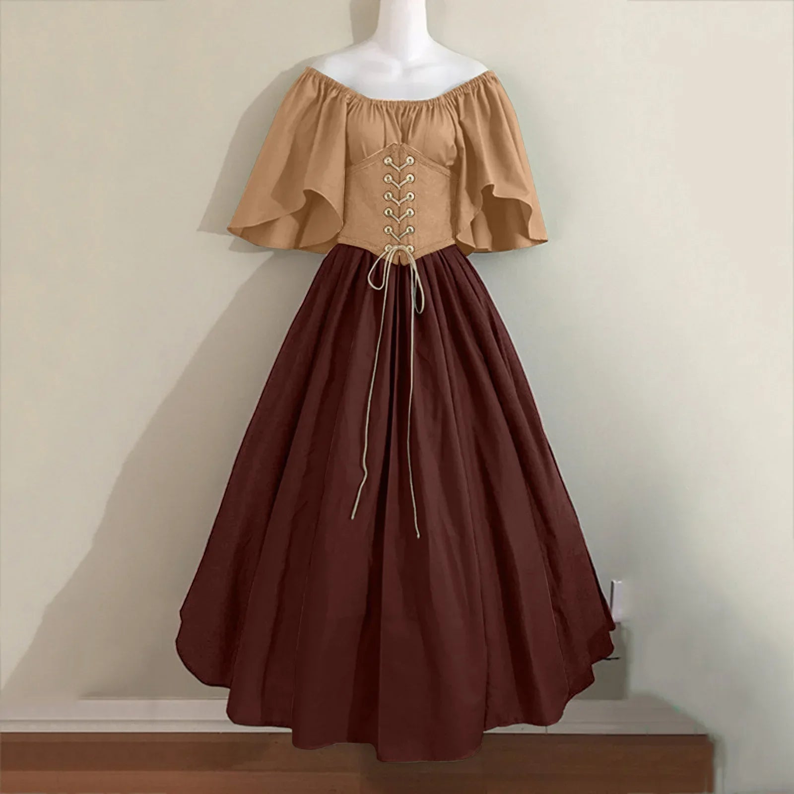 Costumi di Halloween per donna Abito scampanato sottile con colori a contrasto retrò medievale Abito con spalla con una sola parola Love Live Cosplay