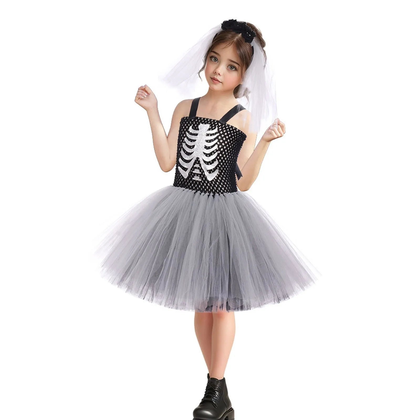 Costumi da terrore di Halloween per ragazze Abiti spaventosi da fantasma bianco nero Vestito da tutù fantasia scheletro di Halloween per bambini