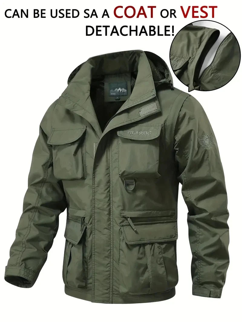 Giacca con cappuccio staccabile con maniche antivento adatta per attività all'aperto gilet multitasche impermeabile casual da uomo