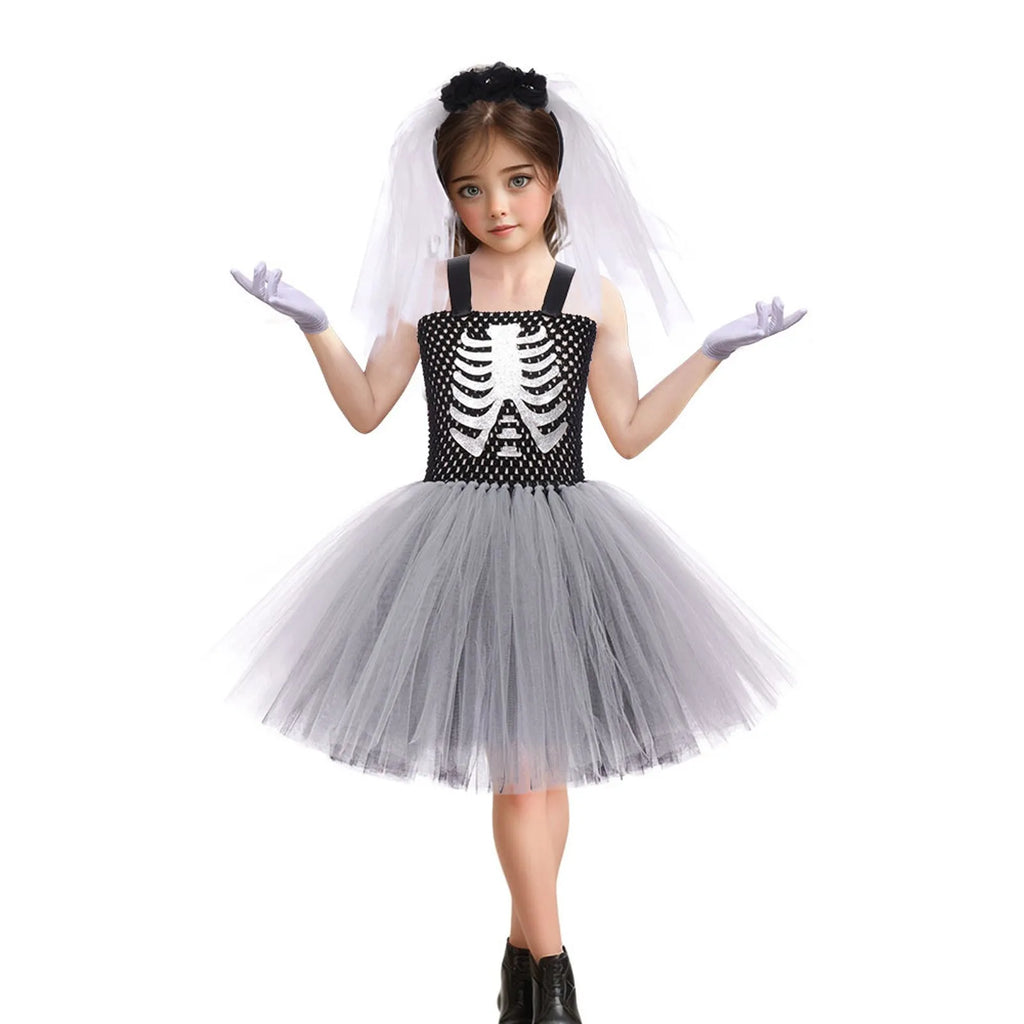 Costumi da terrore di Halloween per ragazze Abiti spaventosi da fantasma bianco nero Vestito da tutù fantasia scheletro di Halloween per bambini