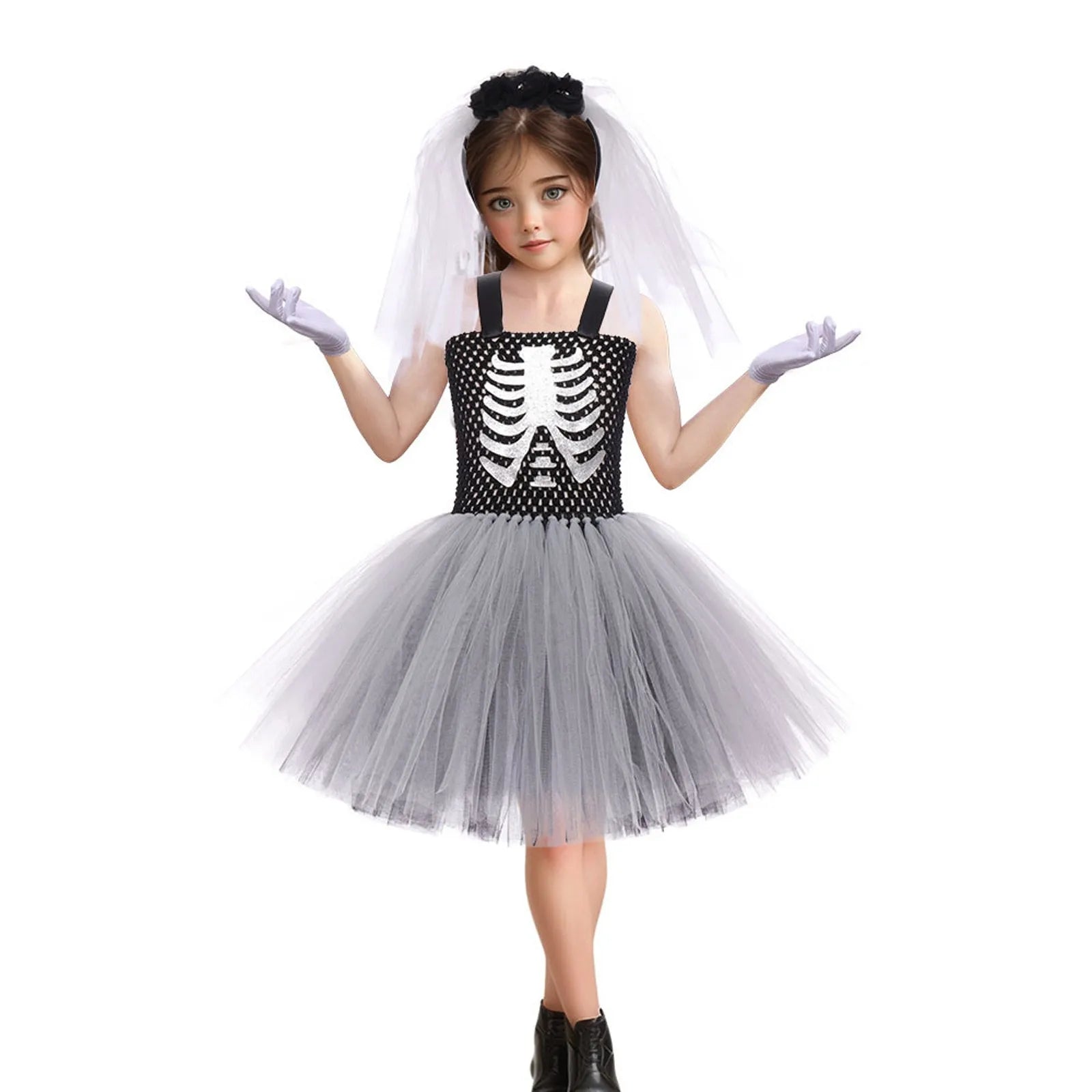 Costumi da terrore di Halloween per ragazze Abiti spaventosi da fantasma bianco nero Vestito da tutù fantasia scheletro di Halloween per bambini