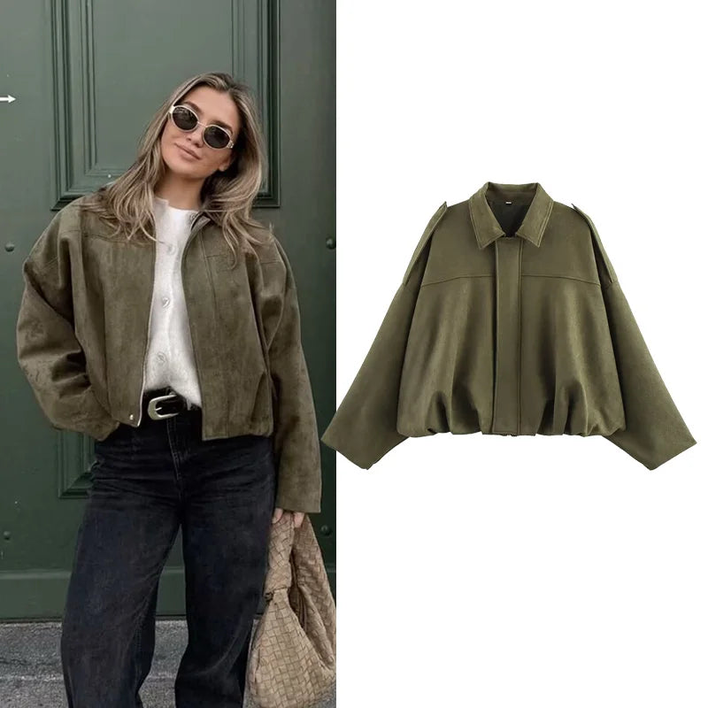 Bomber da donna Cappotti Moda Colletto rovesciato Manica lunga Cappotti larghi Capispalla femminile vintage Top chic